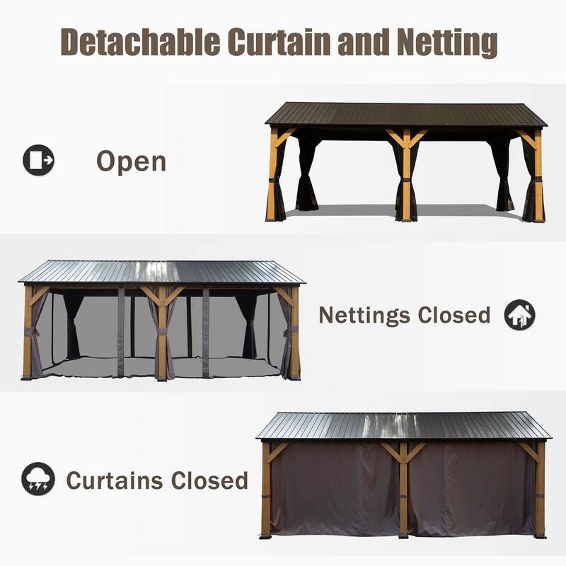 12x20 Cedar Wood Gazebo with Steel Roof for Outdoor Backyard Patio Pool Wind Snow Resistant