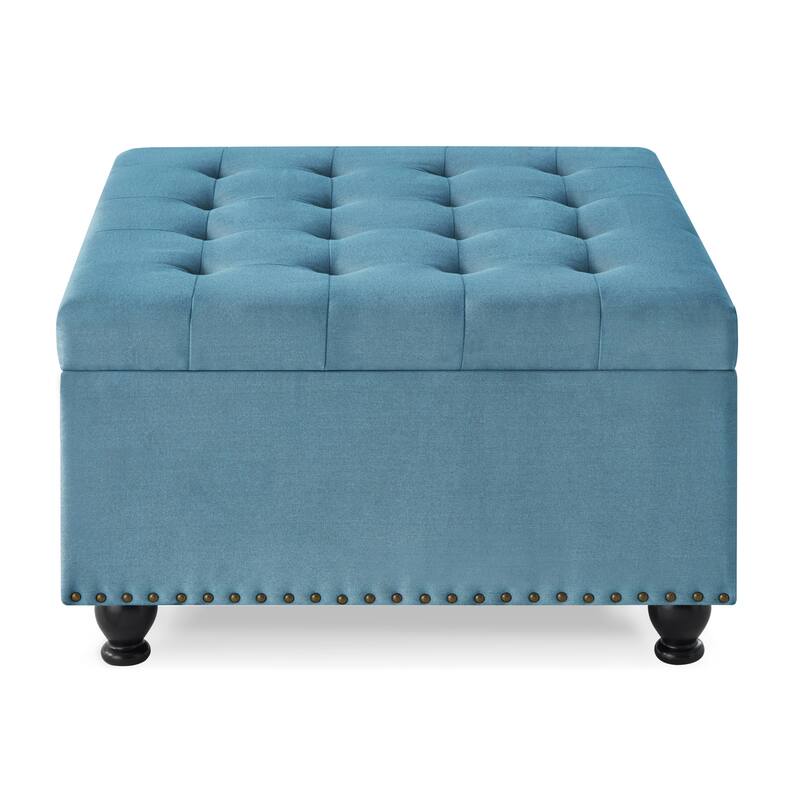 Large square storage ottoman with wooden legs,Upholstered button tufted coffee table with nail trims,Light Blue