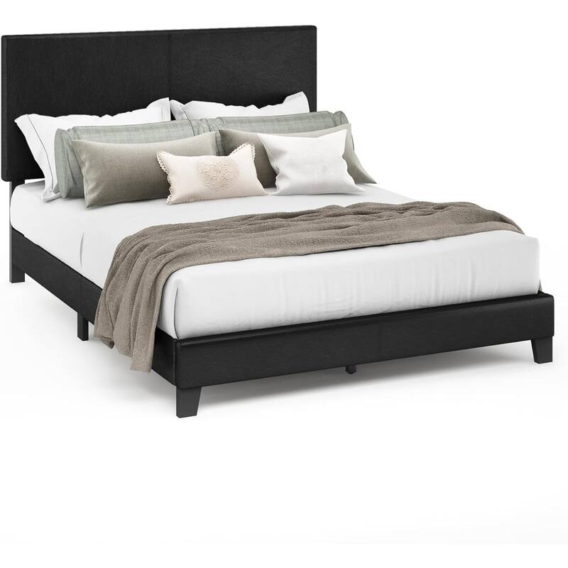 King Bed Frame Upholstered Black PU Leather Platform Bed Modern Glam Style