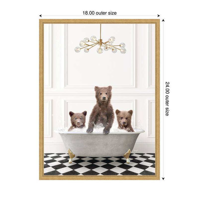 Kate and Laurel Sylvie Three Bears in Gray Bathtub on Checker Floor Framed Canvas by Amy Peterson