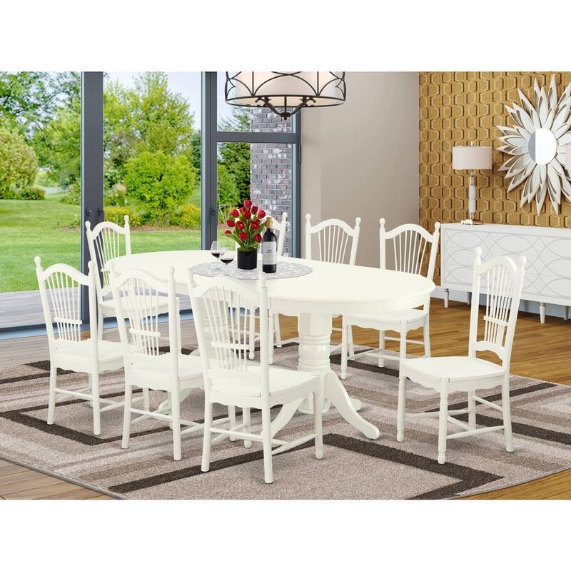 9-Piece Kitchen Dining Set - Linen White Table & Chairs - Modern Oval Table with Leaf - 76.3