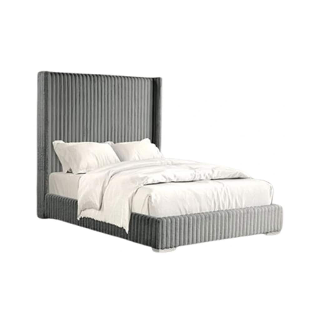 Wolo Twin Bed, Gray Fur Chenille Ribbed Upholstery, Wing Headboard