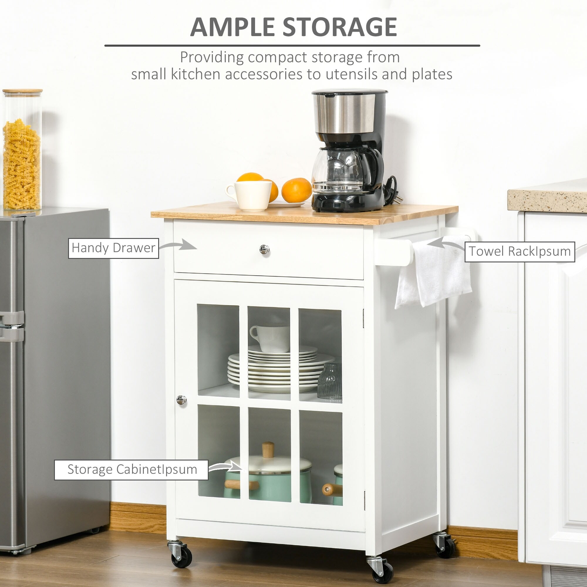 Rolling Kitchen Island with Foldable Counter Top, Wooden Pantry Storage Cabinet with Slide-Out Shelf, Towel Rack and Drawer - - 42962281