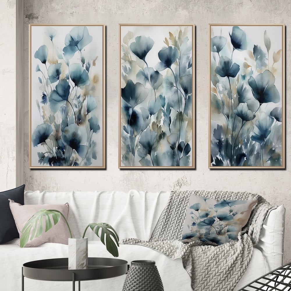 Designart "Blue Leaf Foliage And Flowers III" Floral Leaves Framed Wall Art Set Of 3 For Home Decor