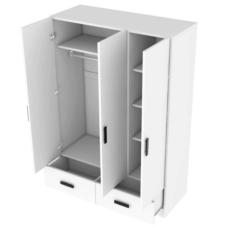 3 Door Bedroom Wardrobe Armoire with 2 Storage Drawers and Hanging Rod, Solid Wood Closet with Storage Shelves