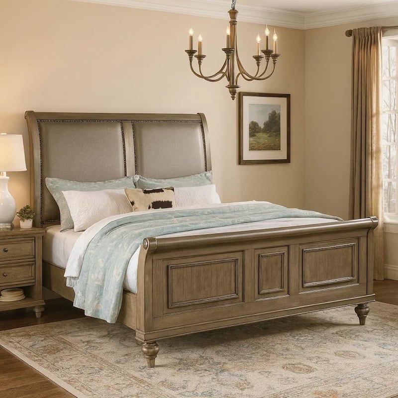 Ella Modern King Size Bed, Faux Leather Upholstery, Nailhead Trim, Gold