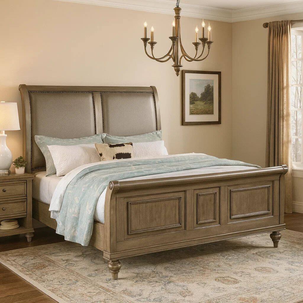 Ella Modern King Size Bed, Faux Leather Upholstery, Nailhead Trim, Gold