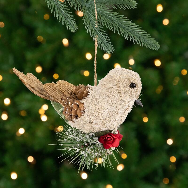 6.75" Front Facing Plaid Bird and Frosted Pine Needle Hanging Christmas Ornament