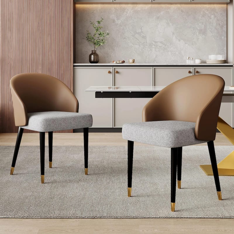Modern Faux Leather and Fabric Upholstered Back Armchair Dining Chair (Set of 2) - Brown&Grey