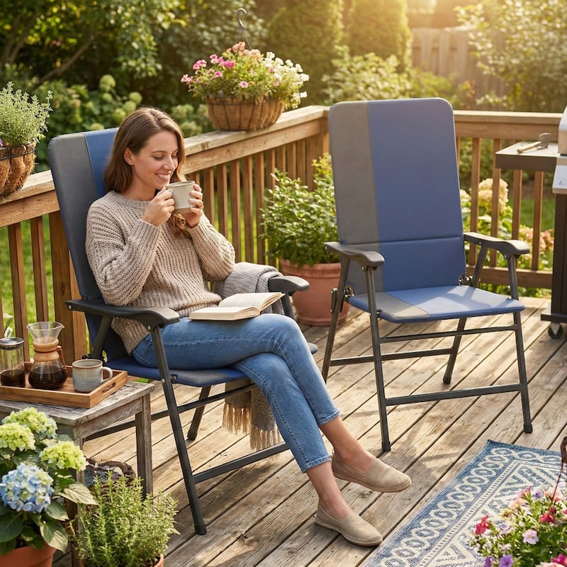 Outsunny Folding Patio Chairs Set of 2, Padded High Back Folding Lawn Chairs with Armrests, 600D Oxford Fabric - Dark Blue