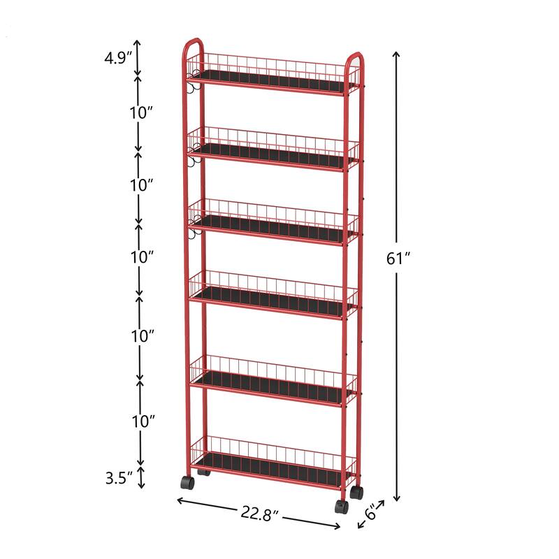 Red 6-Tier Rolling Cart Gap Kitchen Slim Slide Out Storage Tower Rack with Wheels, 6 Baskets, Laundry Utility cart