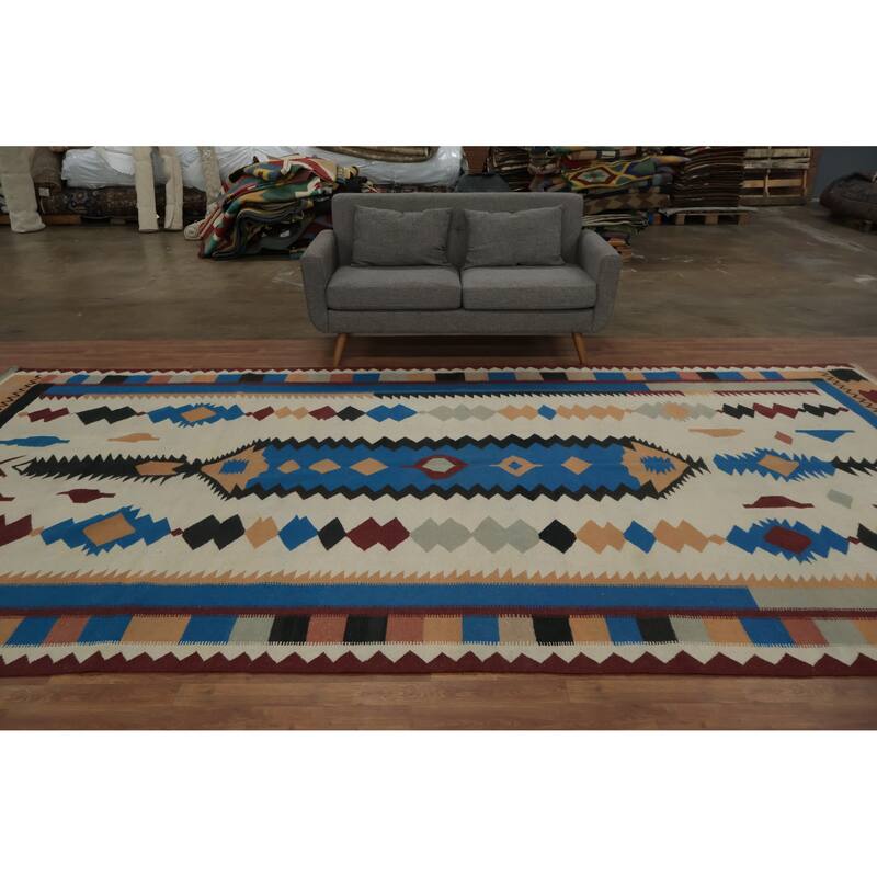 Hand Woven Oriental 100% Wool Carpet Southwestern Tribal Beige & Ivories Kilim Area Rug - 15' 2'' X 7' 11''
