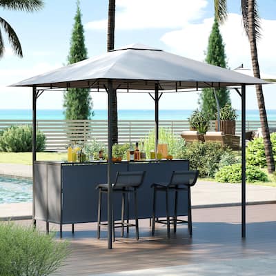 Outdoor 3 Piece Bar Set with Grill Gazebo and 2 Bar Stools Double Tier Canopy and Storage Shelf - 8 x 8 x 8 ft