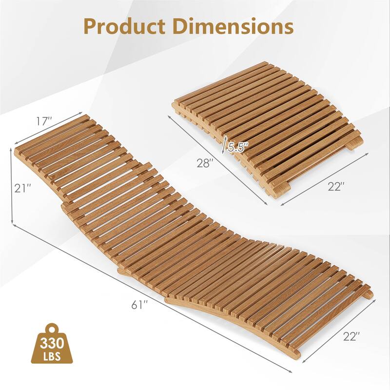 Teak Wood Folding Patio Chaise Lounge with Ergonomic Full-Length Seat - 61" x 22" x 21"