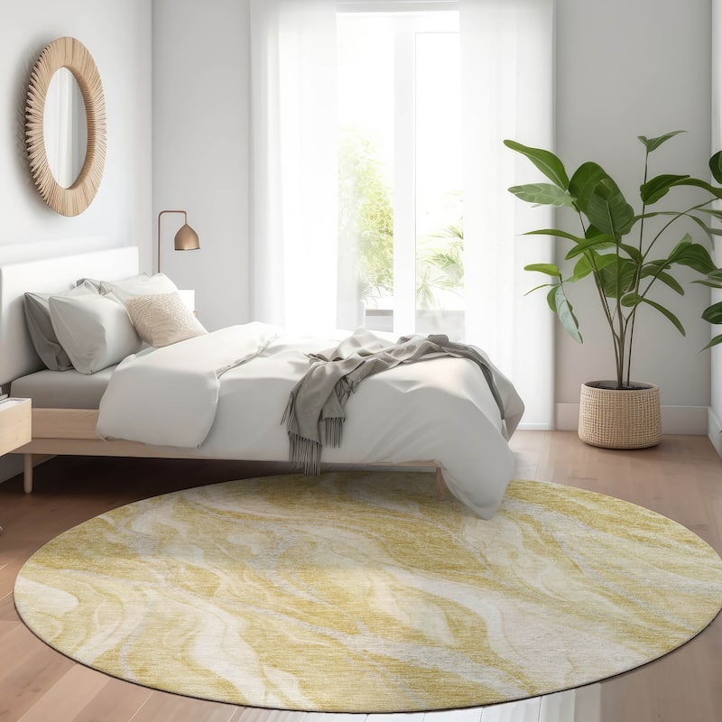 Machine Washable Indoor/ Outdoor Chantille Moden Waves Rug - Gold - 8' x 8'