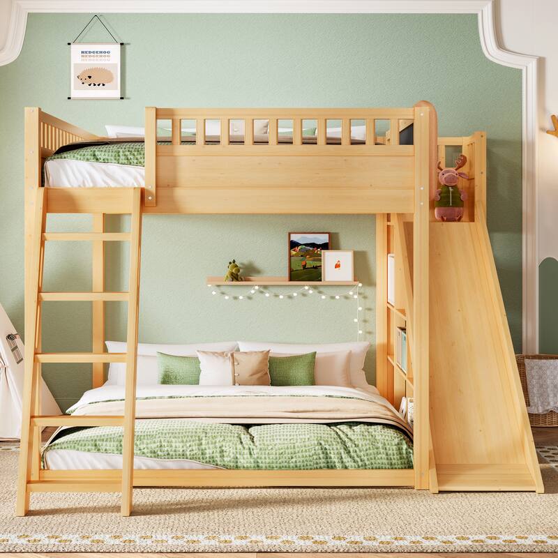 Roomfitters Loft Bed with Upholstered Headboard and Slide, Storage Shelves and Ladder