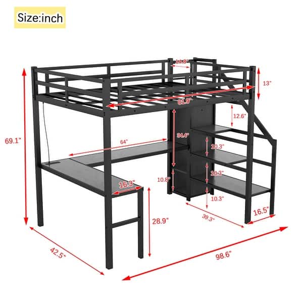 dimension image slide 1 of 3, Loft Bed with L-shaped Desk and USB, Metal Loft Bed with Wardrobe and Adjustable Shelf, High Loft Bed with LED