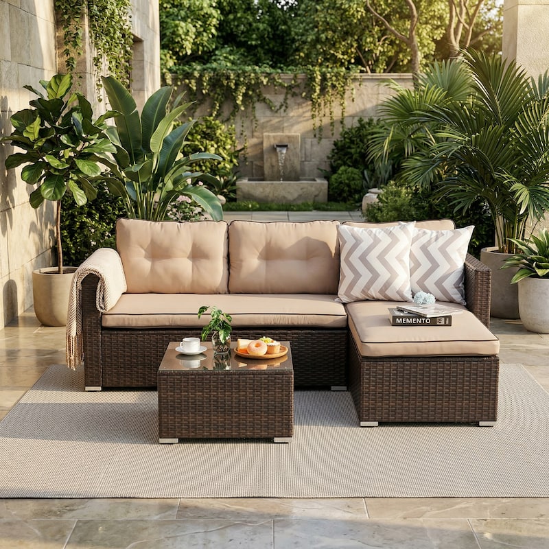L-Shaped Outdoor Sectional Sofa, PE Wicker Patio Sofa Set with Table and Cushions