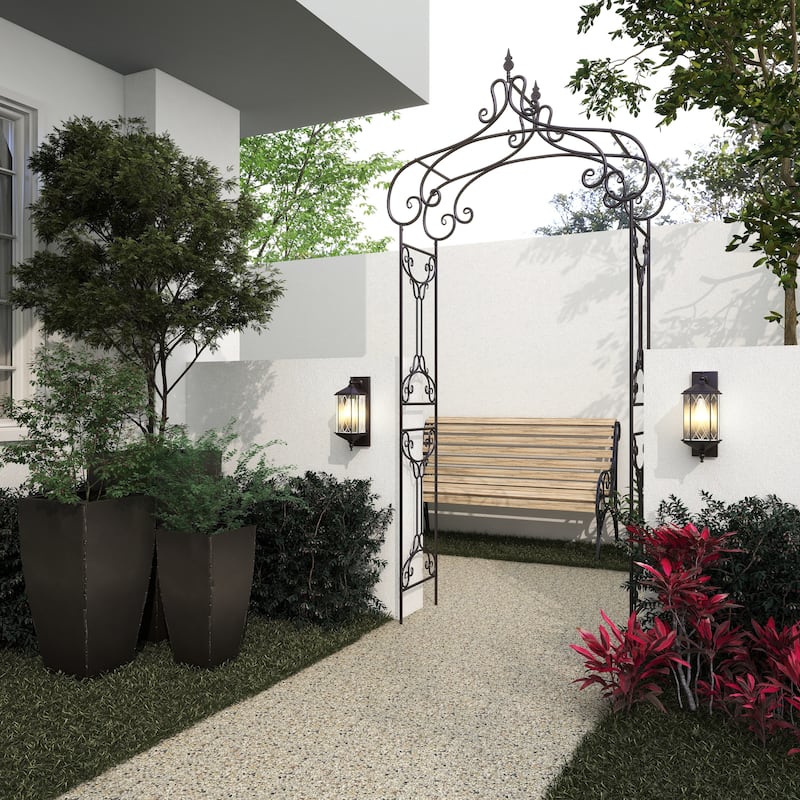 Black Metal Indoor Outdoor Scrollwork Arched Fleur De Lis Garden Arbor