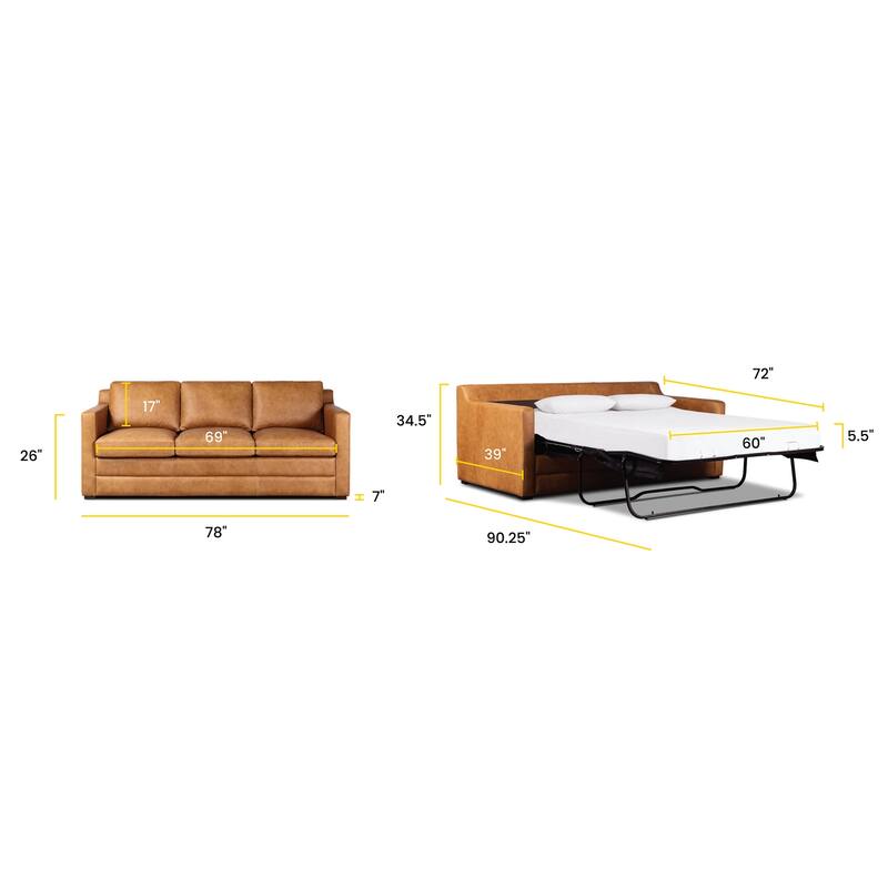 Poly and Bark Sorrento Leather Pull-Out Convertible Sleeper Sofa In Cognac Tan