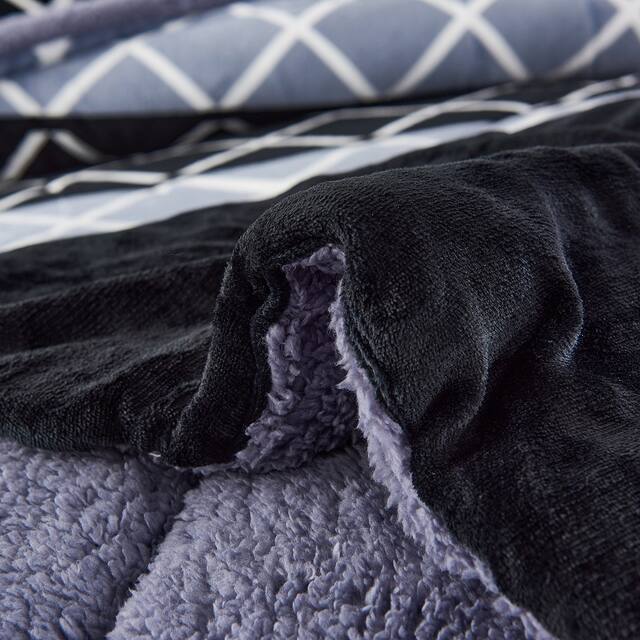 3-Piece Floral Printed Sherpa-Backing Reversible Comforter Set