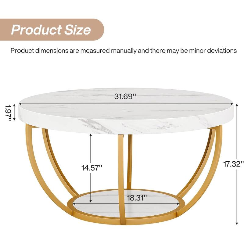 Modern Round Coffee Table, 31.7" 2 Tier C with Faux White Marble