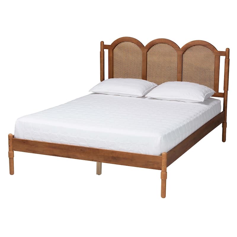 Thatcher Mid-Century Modern Queen Platform Bed with Woven Rattan and Sturdy Wood Frame