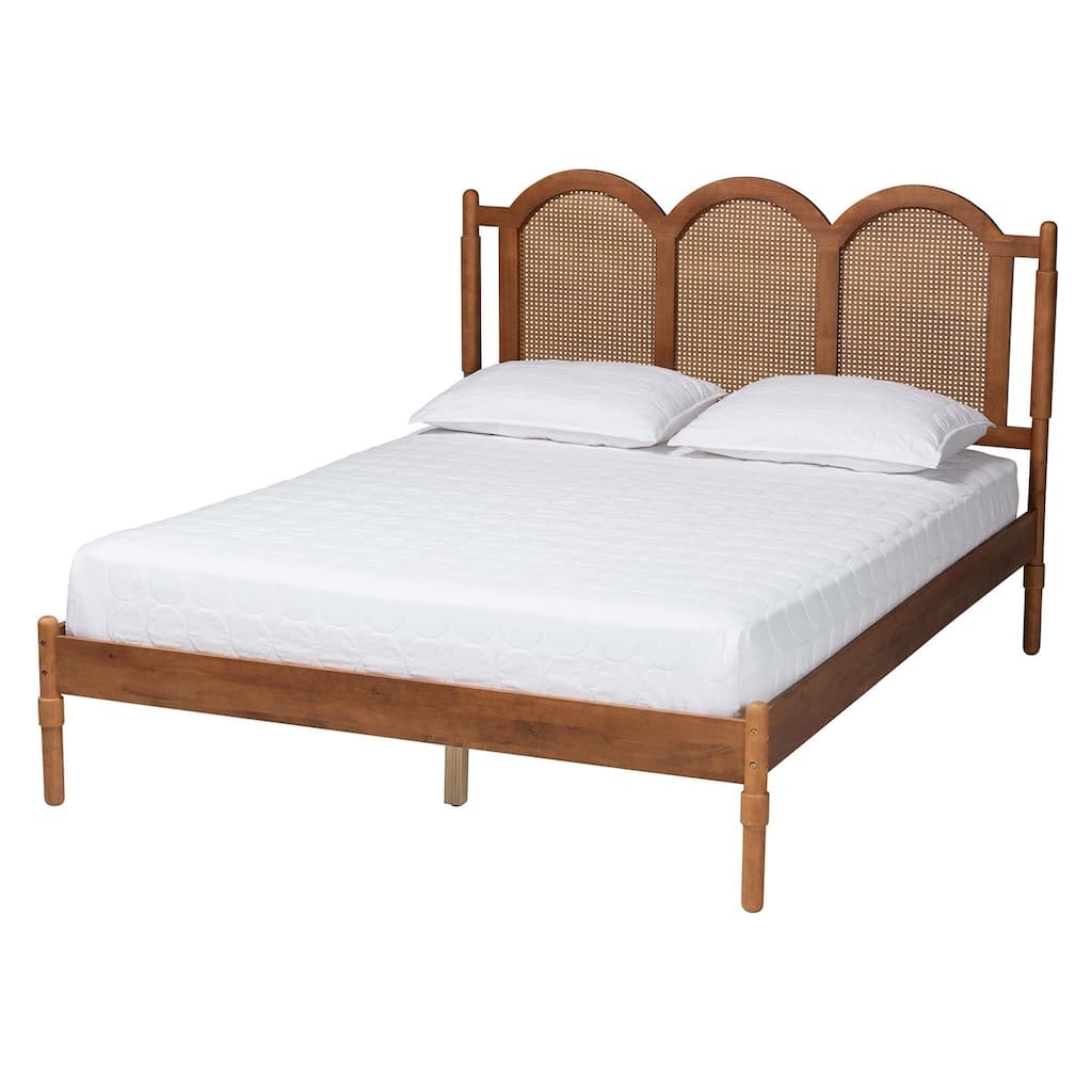 Thatcher Mid-Century Modern Queen Platform Bed with Woven Rattan and Sturdy Wood Frame