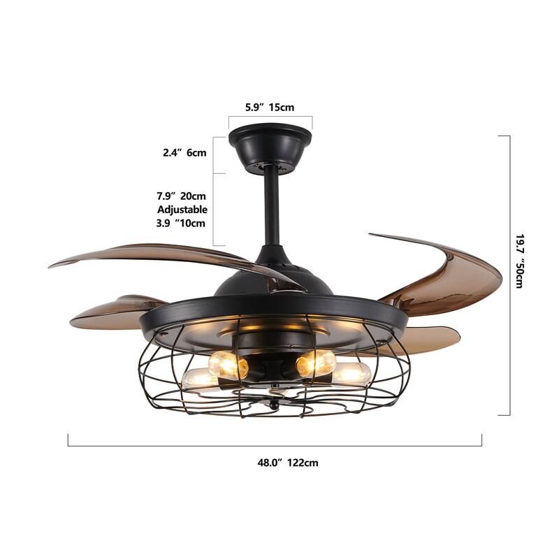 48 Inch Retractable Caged Ceiling Fan with Remote, Industrial 6-Speed/Reversible/DC Motor Ceiling Fan (Bulb Not Included)