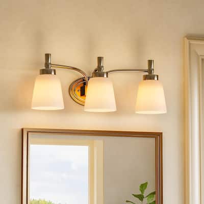 Brushed Nickel 3-Light Bathroom Vanity Light with Frosted White Jade Glass Shades