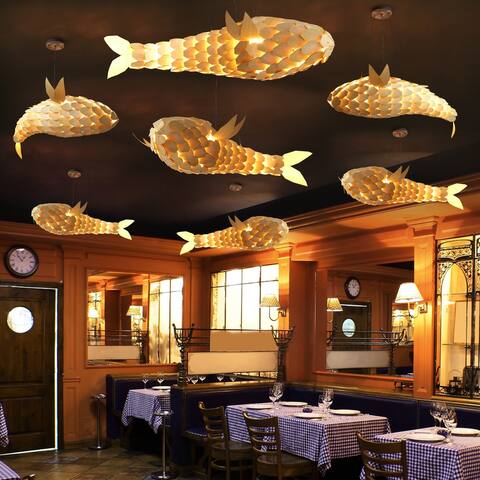 Large Fish Shape Ceiling Lamp Creative Solid Wood Carp Restaurant Home