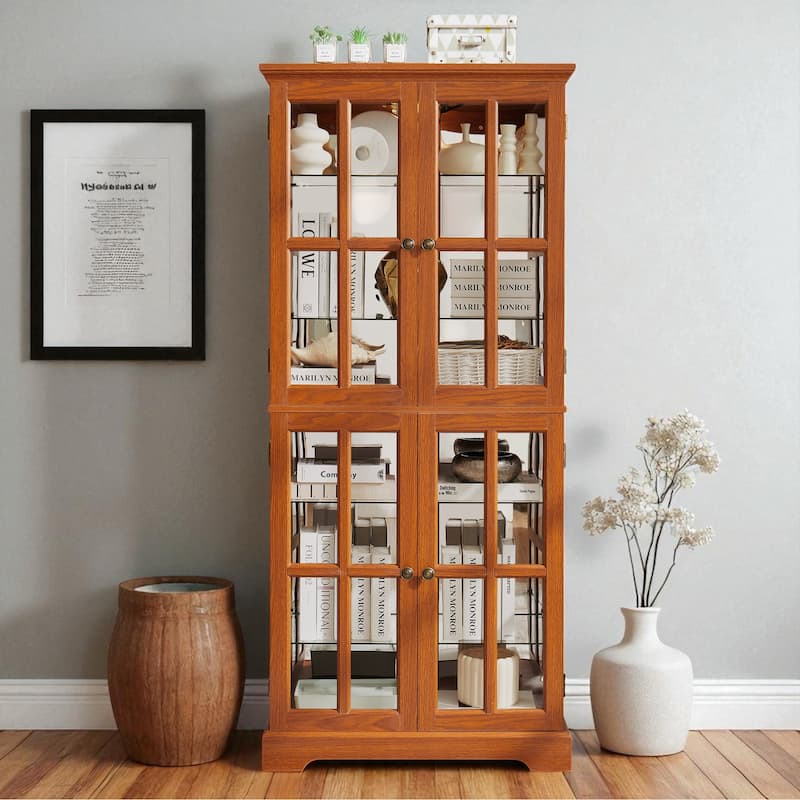 68.7" Antique Curio Display Cabinet with 4 Glass Doors, Adjustable Shelves & Built-in Light for Collectibles and Wine Storage - Dark Oak