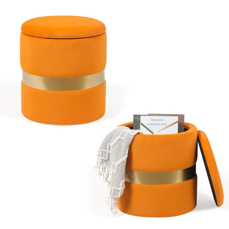 Adeco Set of 2 Velvet Storage Ottoman Round Foot Stool Metal Band
