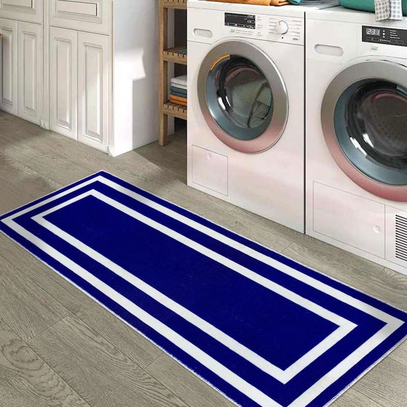 SussexHome Washable Ultra Thin Laundry Room Rug Runner - 20" x 59" - Bordered Navy
