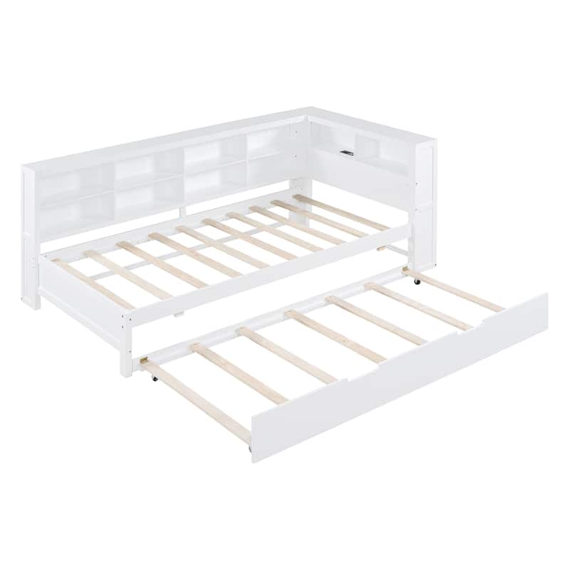 Wooden DayBed with Trundle, Storage Shelf and USB Charging Ports