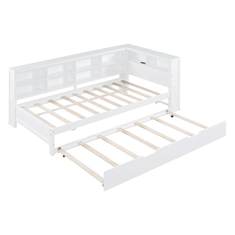 Wooden White Twin Size Daybed with Trundle Bed & Storage Shelf