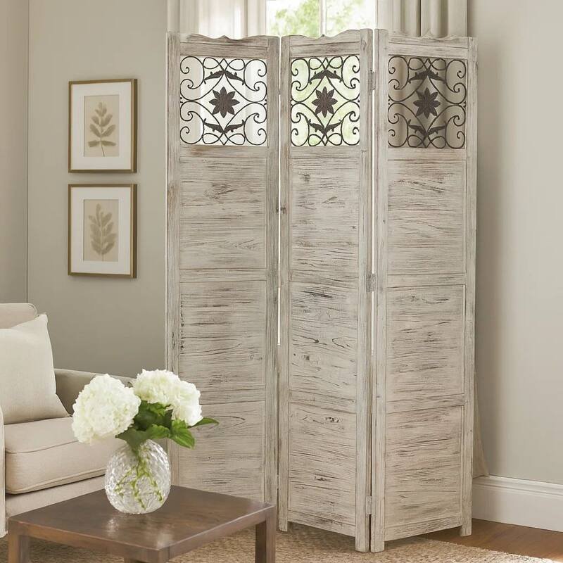 Wooden 4 Panel Screen with Textured Panels and Scrolled Details, White