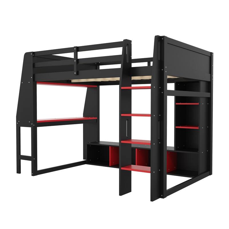 Gaming Loft Bed Teen Bed Frame with Desk Multi-storage Shelves Hanging Clothes Rack Space Saving LED Workstation Loft Bed