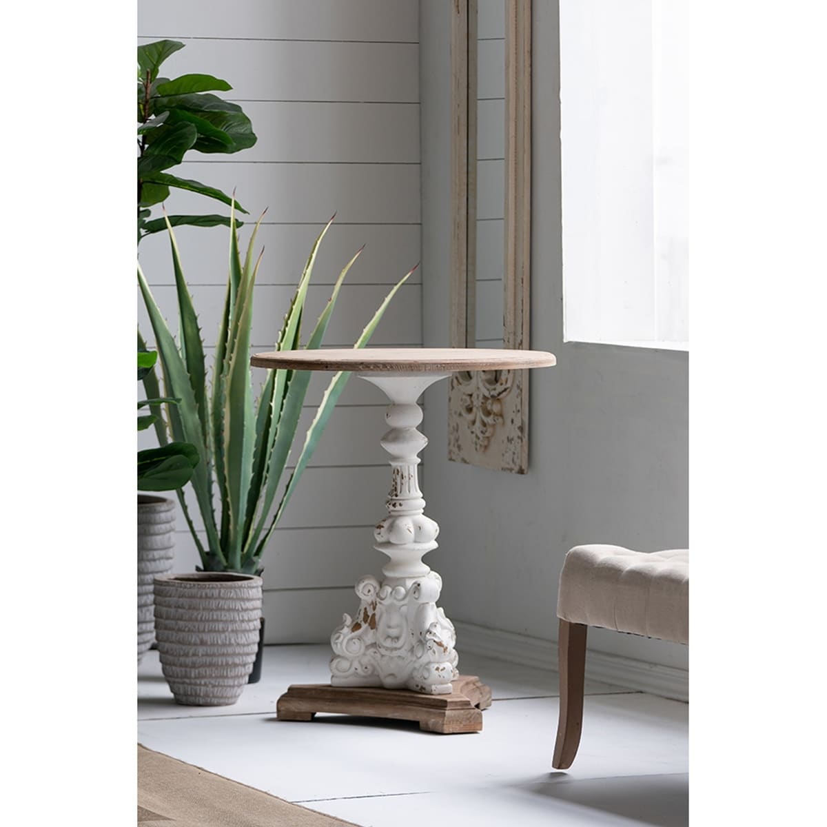Round Pedestal Side Table with Carved Base Fir Wood Construction