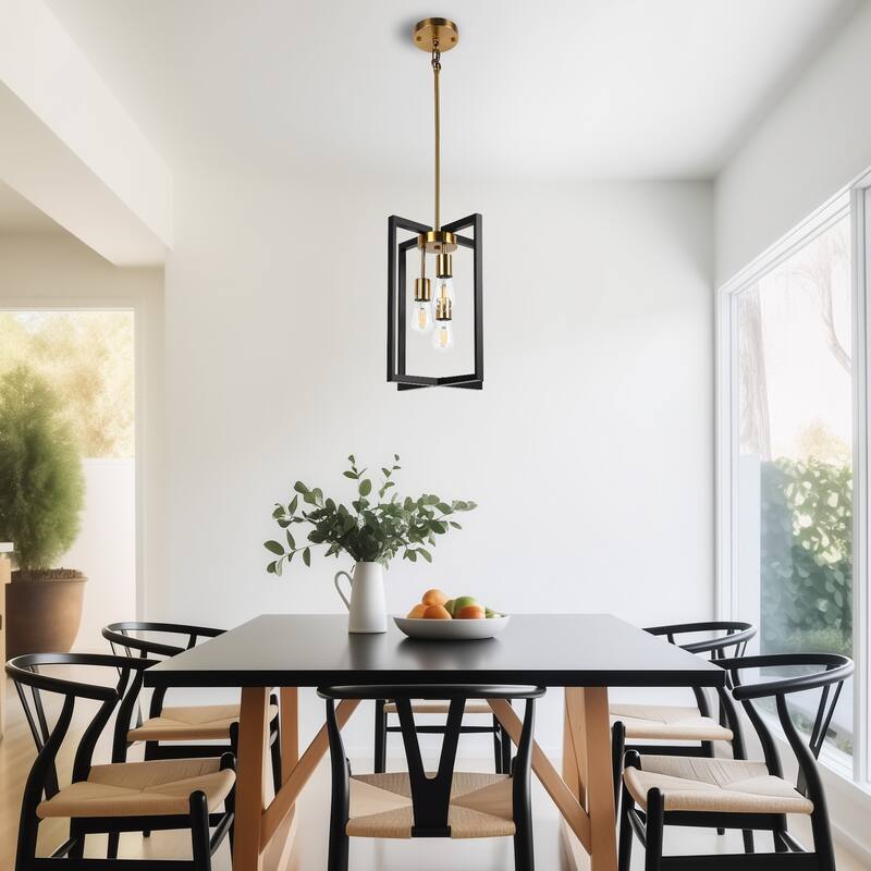 Industrial Farmhouse Pendant Lights, Rectangle 3-Light Modern Black and Golden Chandelier - Black and Gold - 13.78