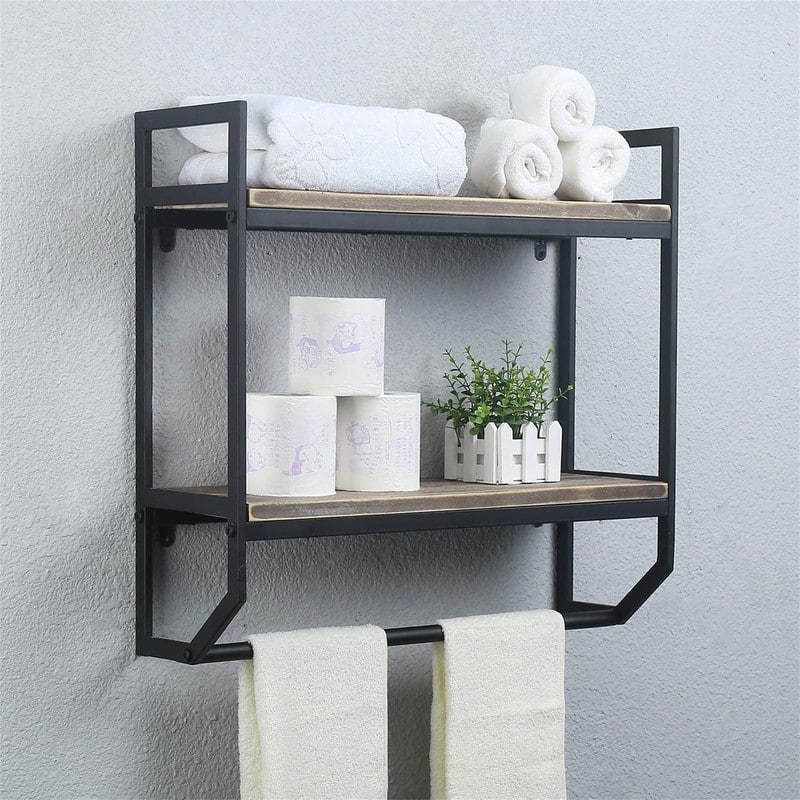 2 Tier Metal Industrial 23.6" Bathroom Shelves Wall Mounted - 22.8"D x 23.6"W x 7.87"H - 22.8"D x 23.6"W x 7.87"H - Black Brush Silver
