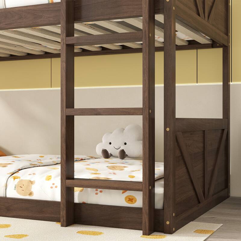 Floor Bunk Bed with Panelled Headboard and Footboard, Solid Rubber Wood Foundation with Safety Guardrails, Built-in ladder