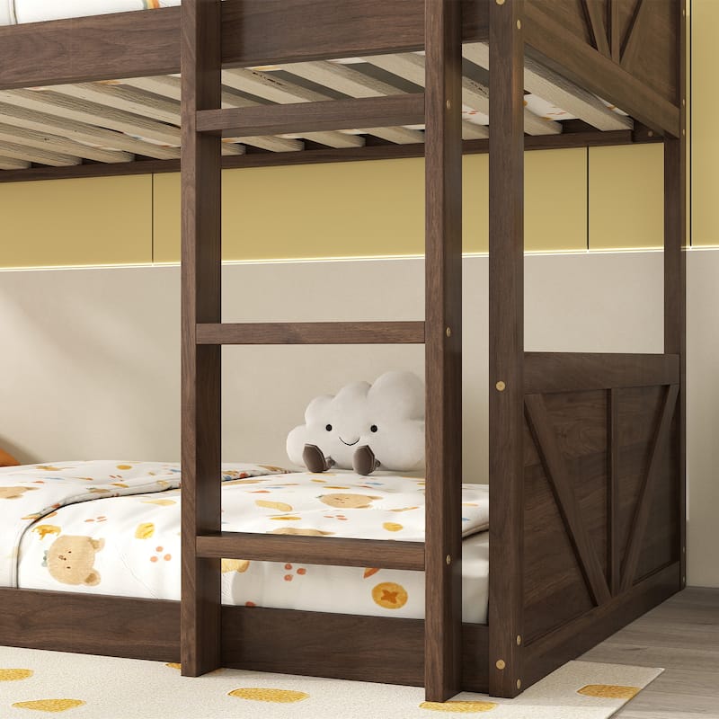 Twin Size Floor Bunk Bed with Safety Guardrails and Built In Ladder