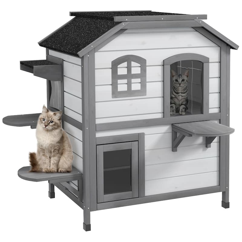 PawHut Fir Wood 2-Story Outdoor Cat House, Wooden Feral Cat Shelter with Openable Asphalt Roof for Indoor/Outdoor, White / Grey