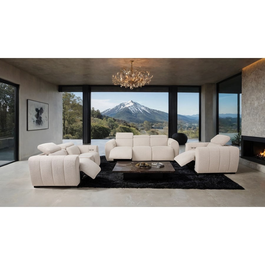 Glam White Oversized Power Recliner Set Sofa Loveseat w Center Console Chair