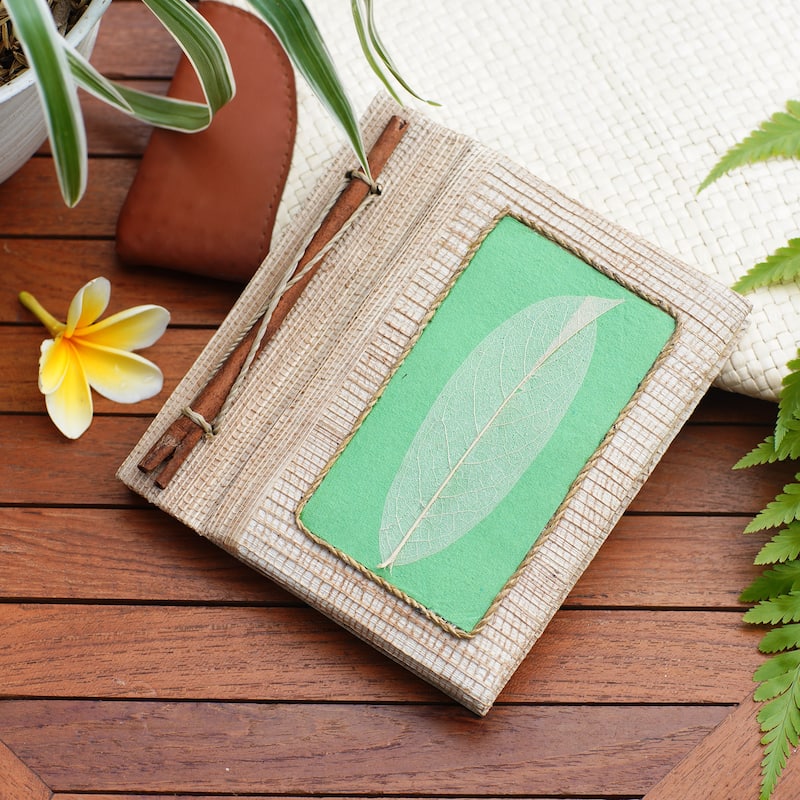 Novica Handmade Green Leaf Natural Fiber Paper Journal