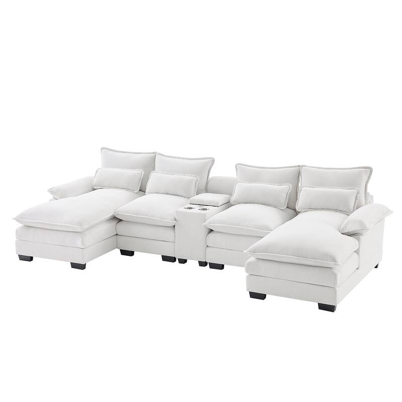 123"W modern u-shaped living room upholstered sofa with console, cup holders and USB ports