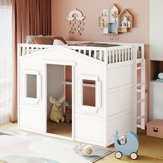 Full Size House Loft Bed Kids Playhouse Bed with Window & Ladder, Solid ...
