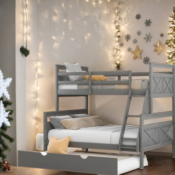 slide 2 of 12, Twin over Full Bunk Bed with Ladder, Twin Size Trundle, Safety Guardrail Grey
