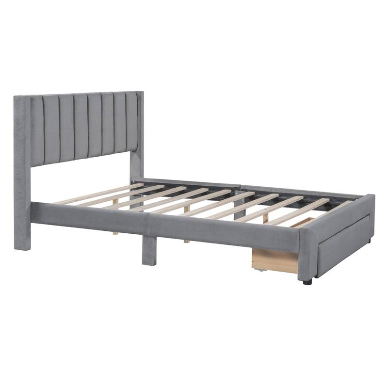 Velvet Upholstered Storage Platform Bed with a Drawer